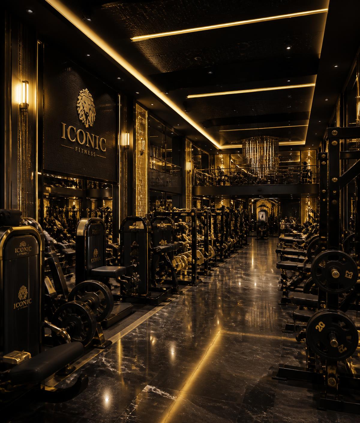 Interior of Ace Platinum Fitness with premium black and gold equipment