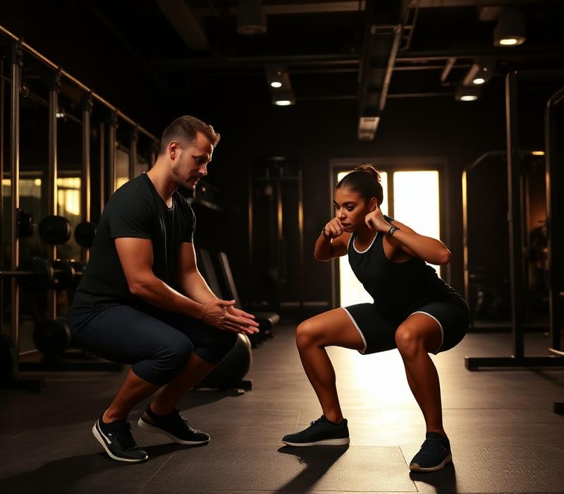 Trainer coaching squat technique